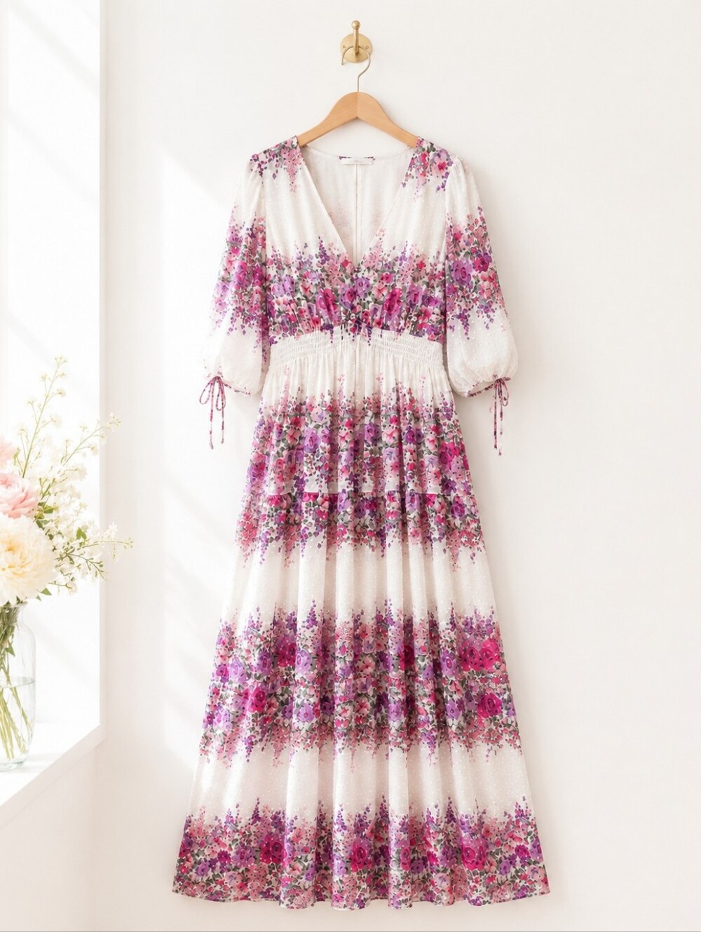 White and Pink Floral Maxi Dress - Women's V-Neck Tiered Dress - Picture 5 of 8